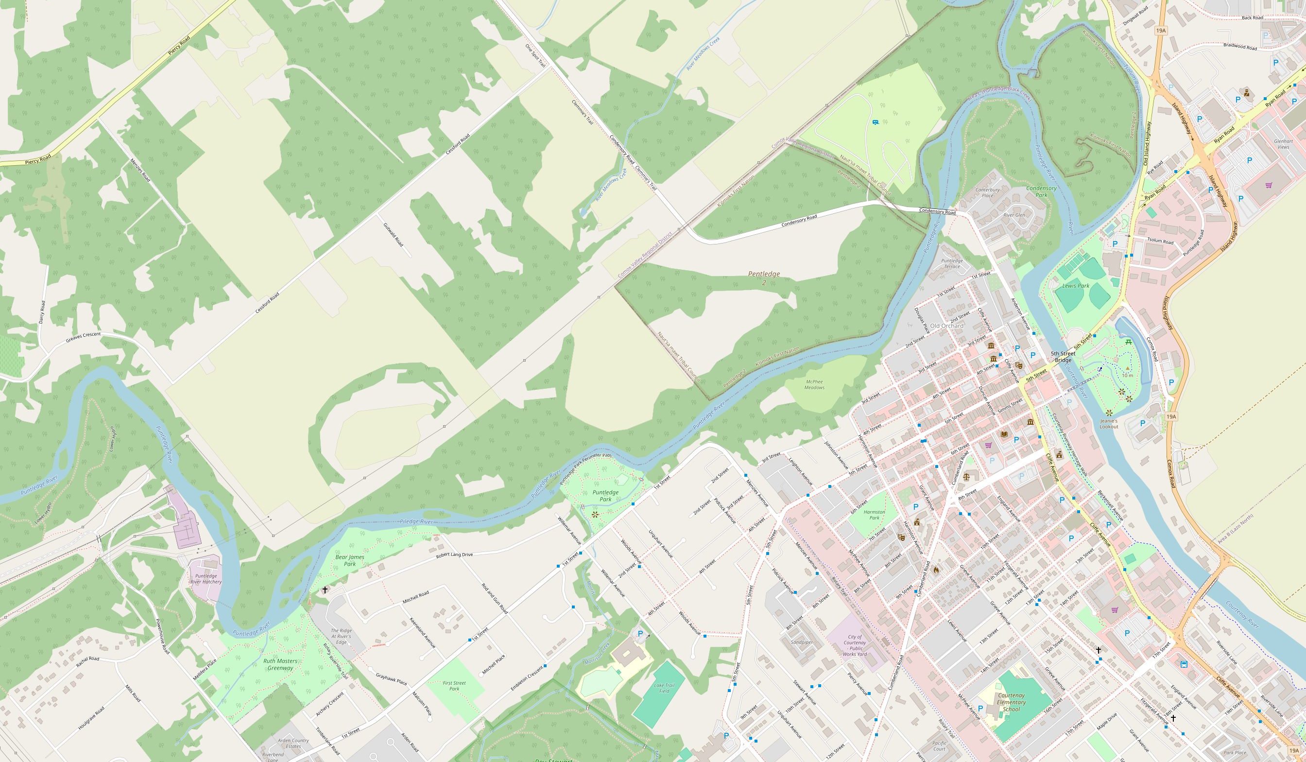 Map of the Puntledge River from the hatchery put-in through Courtenay to Lewis Park